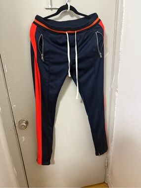 MNML Navy Joggers with Red Side Stripe